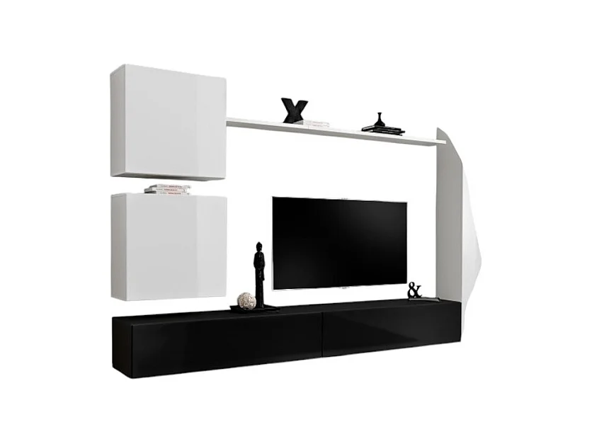 Wandmeubelset voor de woonkamer SWITCH VIII. Wandgemonteerd design TV-meubel, in glanzend zwart en wit.
