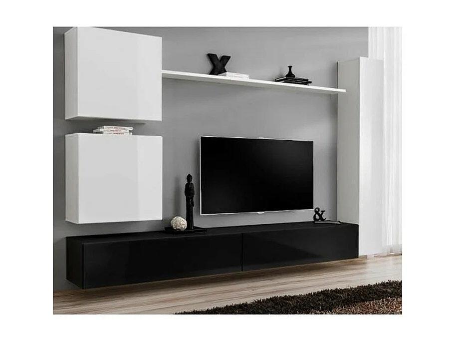 Ensemble meuble salon mural SWITCH VIII. Meuble TV mural design, coloris noir et blanc brillant.
