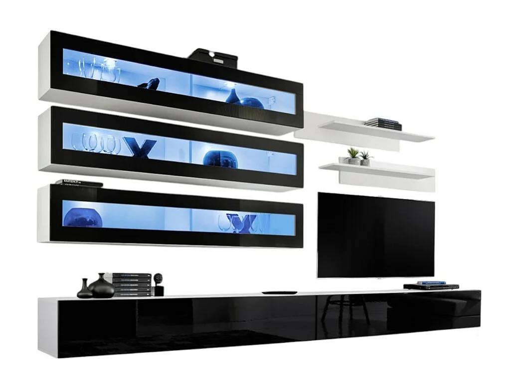 Set di mobili sospesi con LED, collezione FLY J2. Colori bianco e nero.