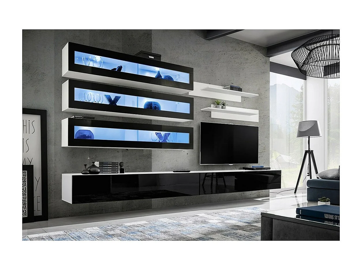 Set di mobili sospesi con LED, collezione FLY J2. Colori bianco e nero.