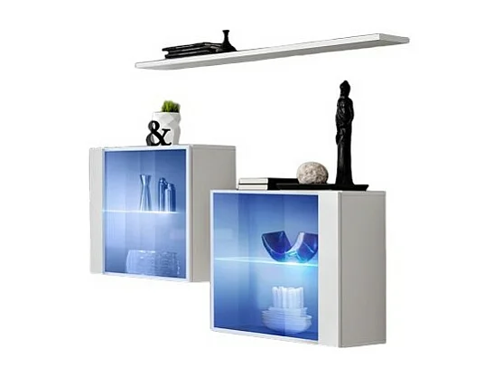 Wohnzimmermöbel-Set SWITCH SBIII Design, in glänzendem Weiß und mit Glastür sowie integriertem LED-System.