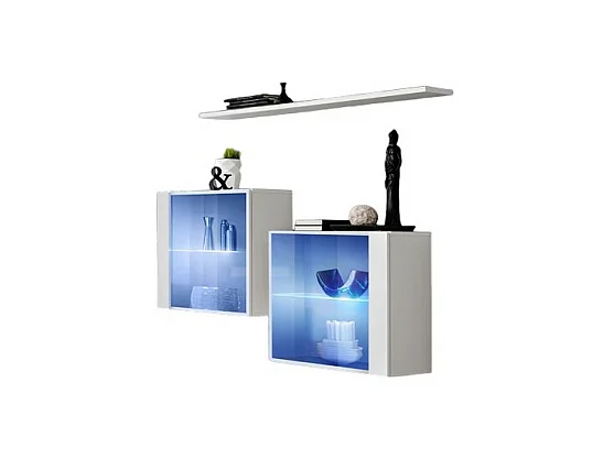 Ensemble meubles de salon SWITCH SBIII design, coloris blanc brillant et porte vitrée avec système LED intégré.