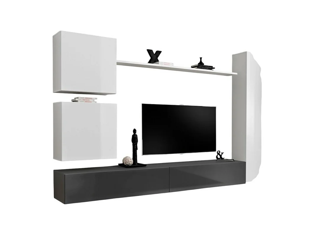 Wandmeubelset voor de woonkamer SWITCH VIII. Wandgemonteerde design TV-meubel, in glanzend wit en grijs.