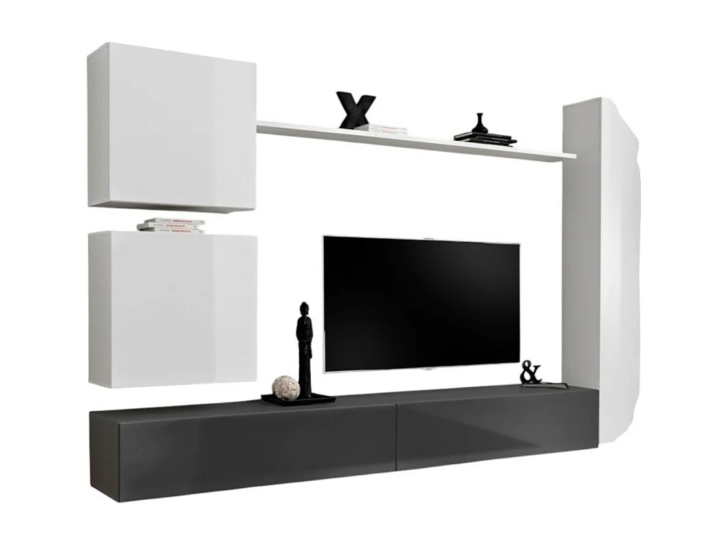 Ensemble meuble salon mural SWITCH VIII. Meuble TV mural design, coloris blanc et gris brillant.