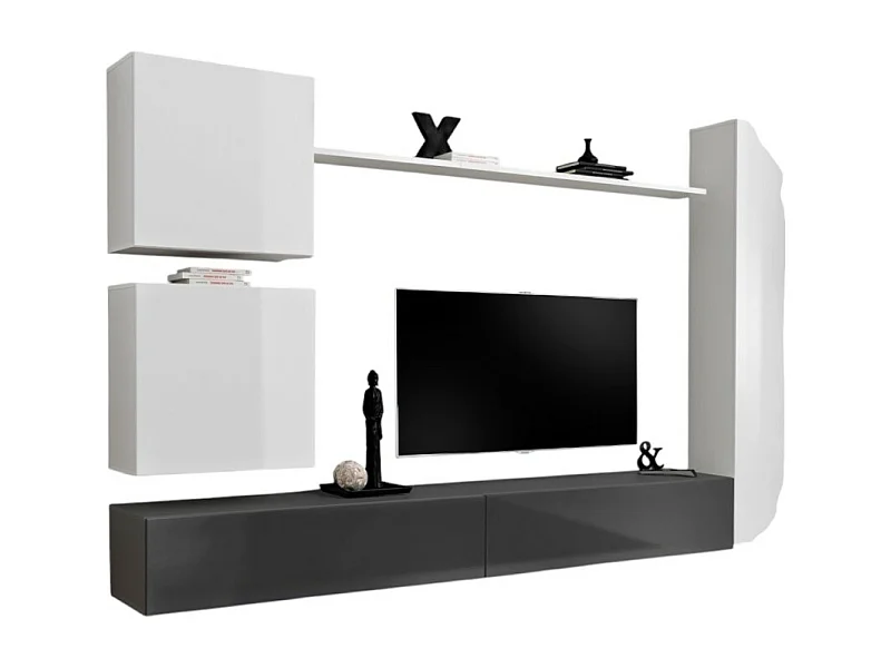 Ensemble meuble salon mural SWITCH VIII. Meuble TV mural design, coloris blanc et gris brillant.