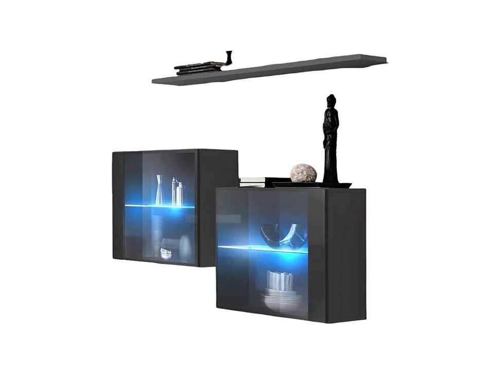 Ensemble meubles de salon SWITCH SBIII design, coloris gris brillant et porte vitrée avec système LED intégré.