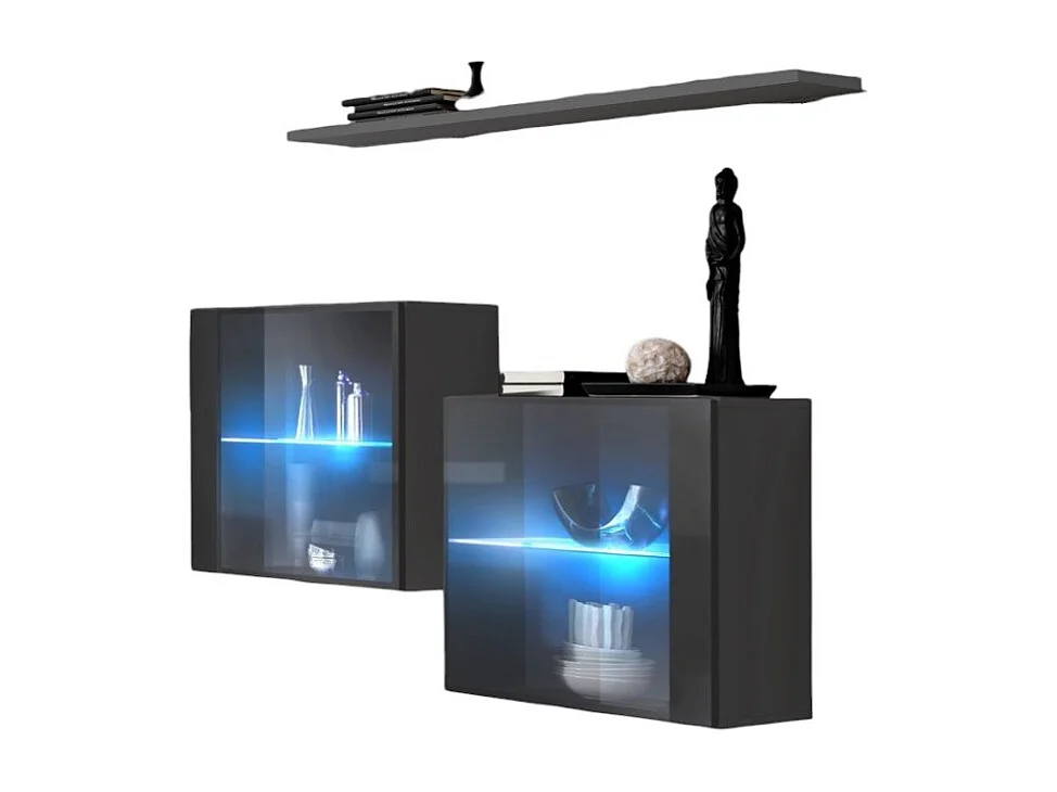 Set di mobili da soggiorno SWITCH SBIII design, colore grigio brillante e porta in vetro con sistema LED integrato.
