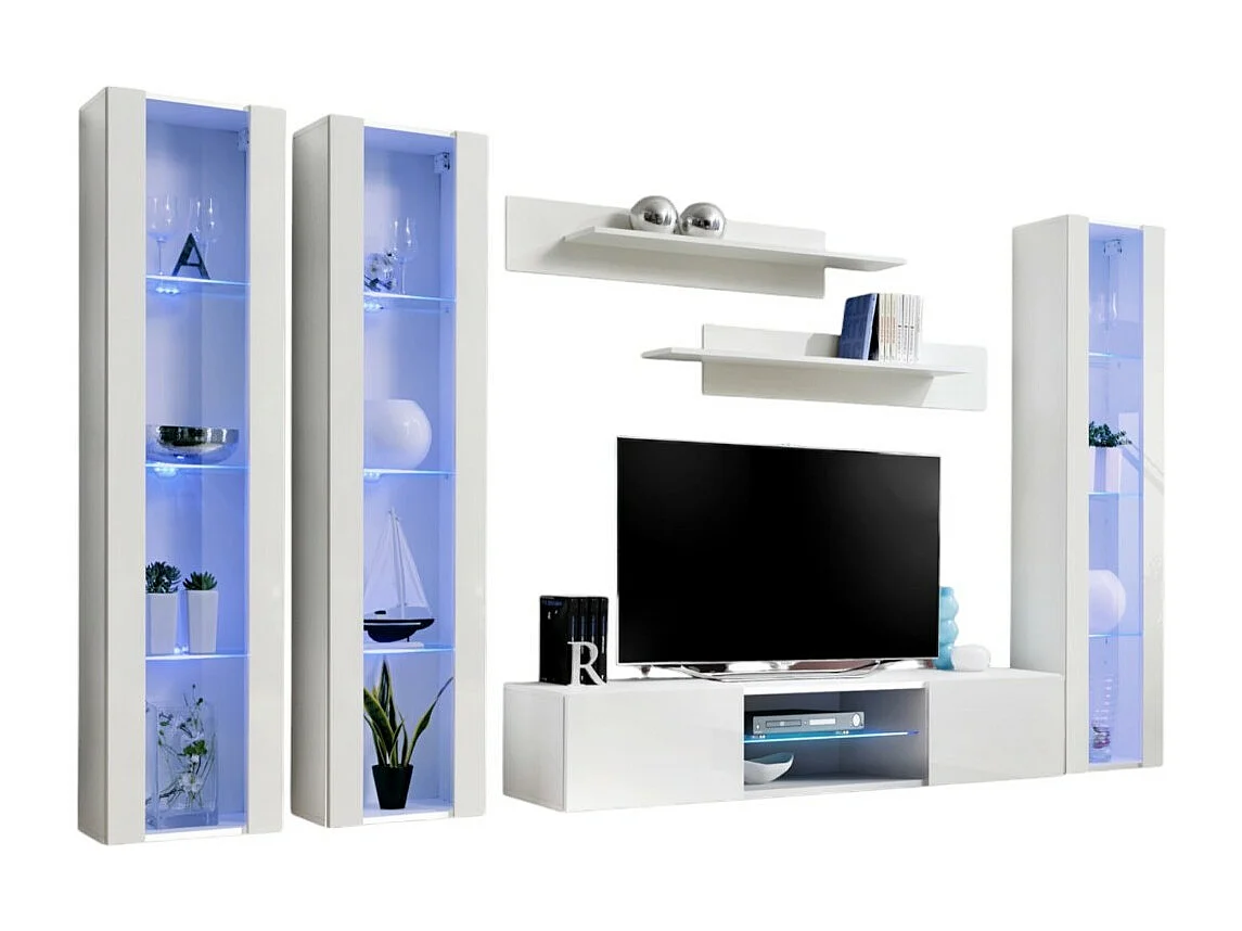 Ensemble Meuble TV FLY P2 avec LED. Coloris blanc. Meubles suspendus design pour votre salon.