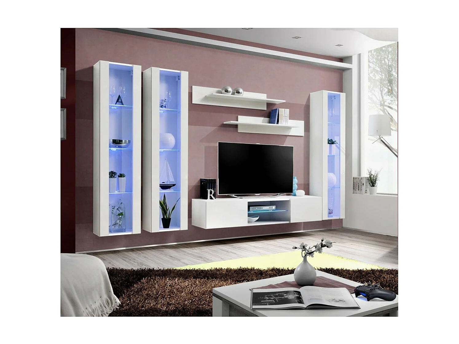 Ensemble Meuble TV FLY P2 avec LED. Coloris blanc. Meubles suspendus design pour votre salon.