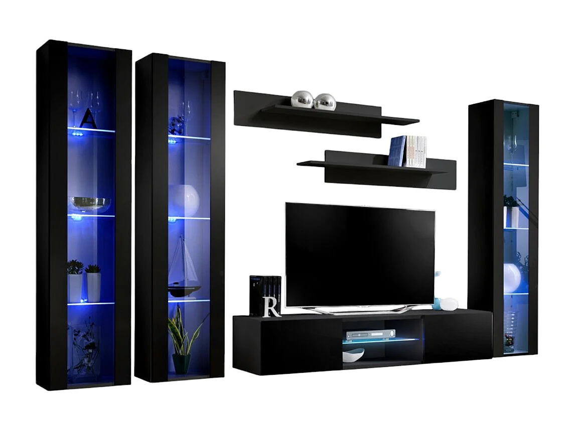 Ensemble Meuble TV FLY P2 – LED – Noir – Meubles suspendus design – Salon moderne
