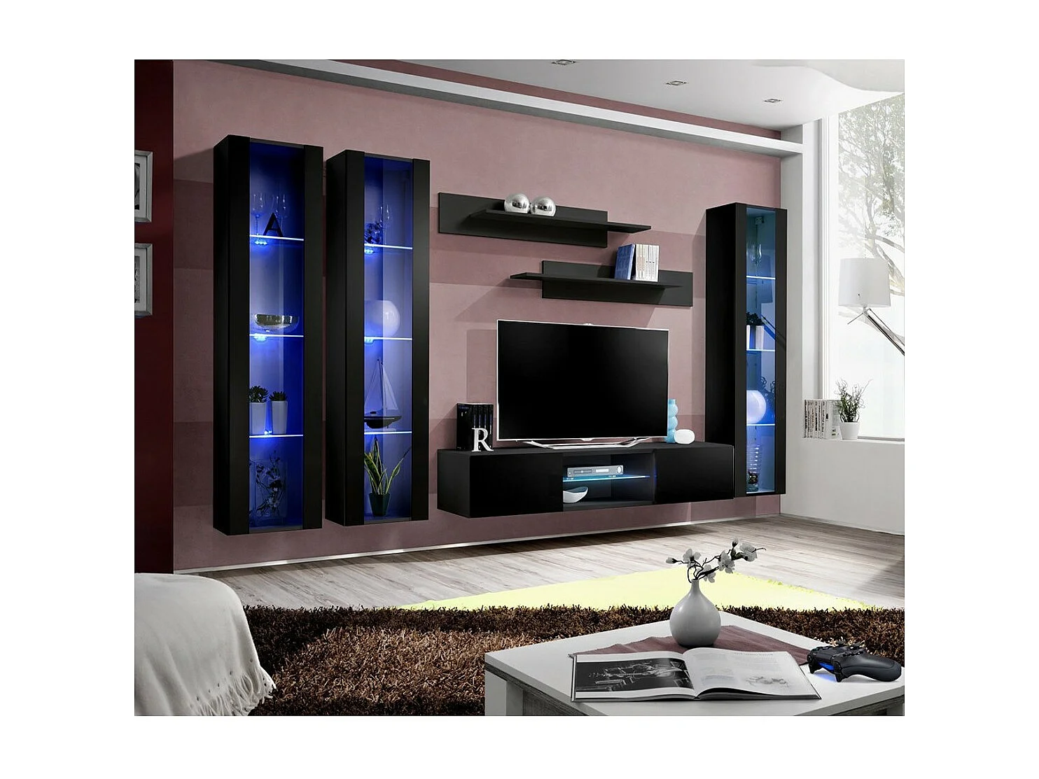 Ensemble Meuble TV FLY P2 – LED – Noir – Meubles suspendus design – Salon moderne