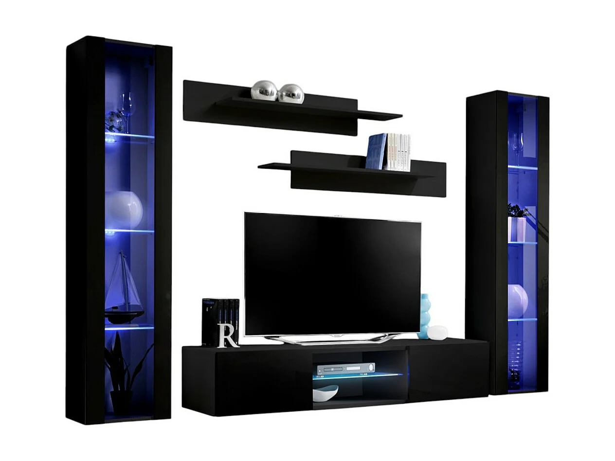 Ensemble Meuble TV FLY O2 avec LED – Noir – Meuble suspendu design pour votre salon