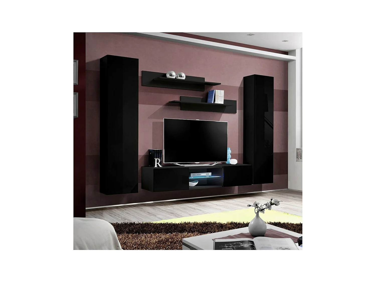 Mobile Porta TV FLY O1 con LED - Nero - Mobile sospeso di design per il tuo soggiorno