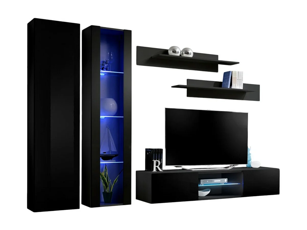 Ensemble Meuble TV FLY O4 – LED – Noir – Meuble suspendu design – Salon moderne