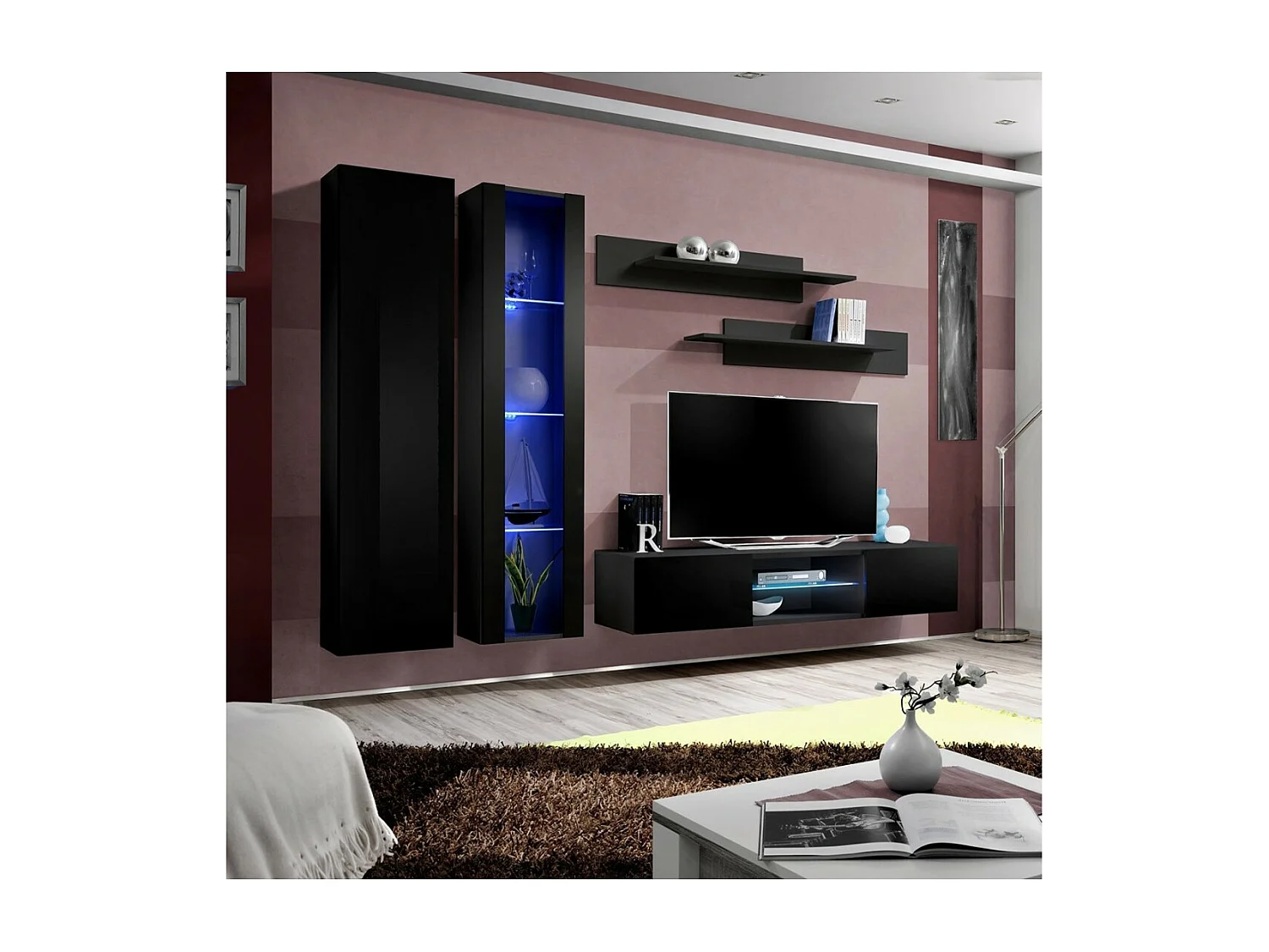 Ensemble Meuble TV FLY O4 – LED – Noir – Meuble suspendu design – Salon moderne