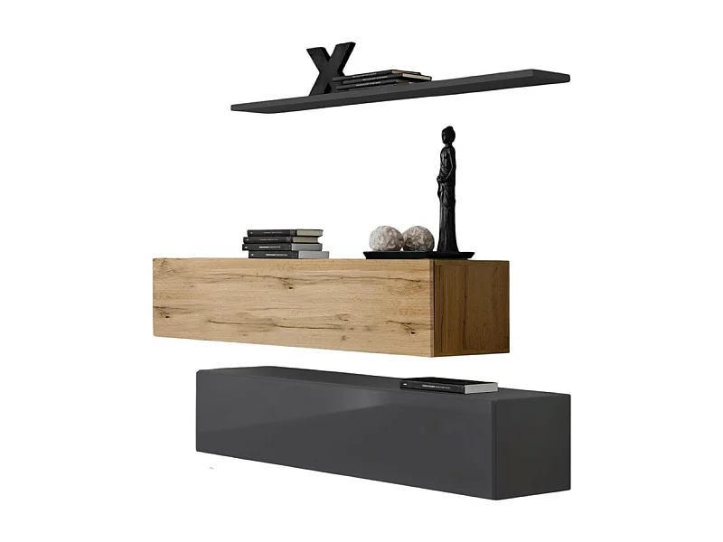Ensemble meubles de salon SWITCH SBII design, coloris gris brillant et chêne Wotan.