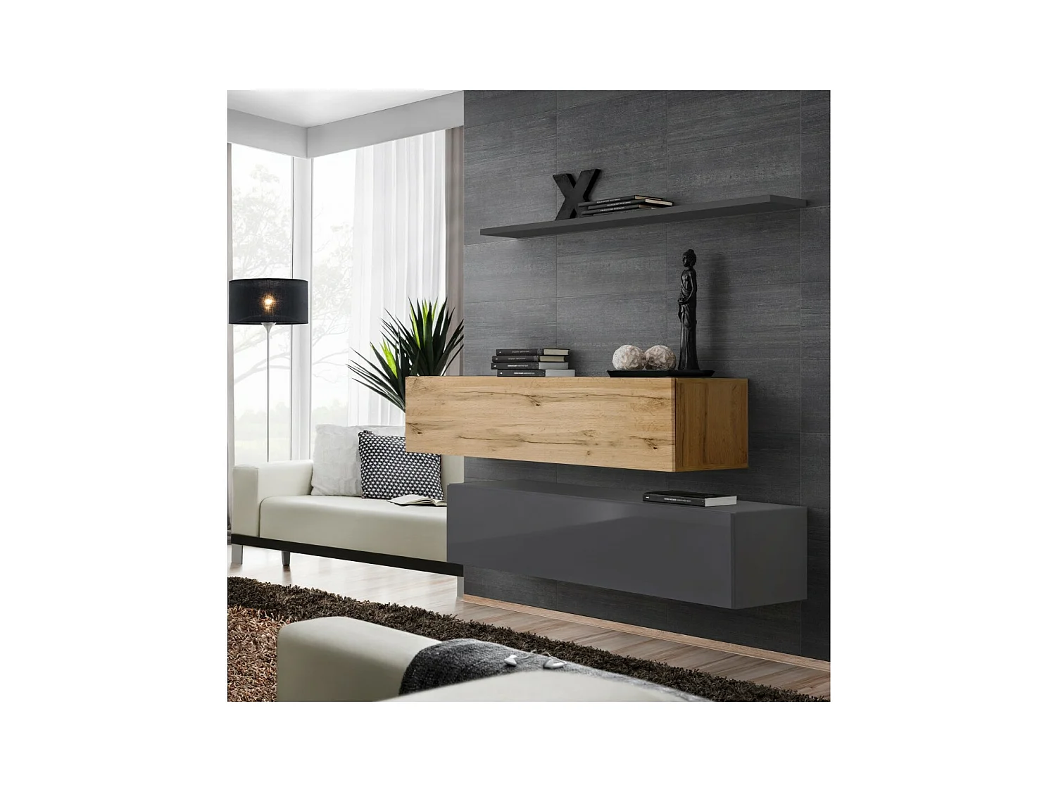 Woonkamermeubelset SWITCH SBII design, in glanzend grijs en Wotan eiken kleur.