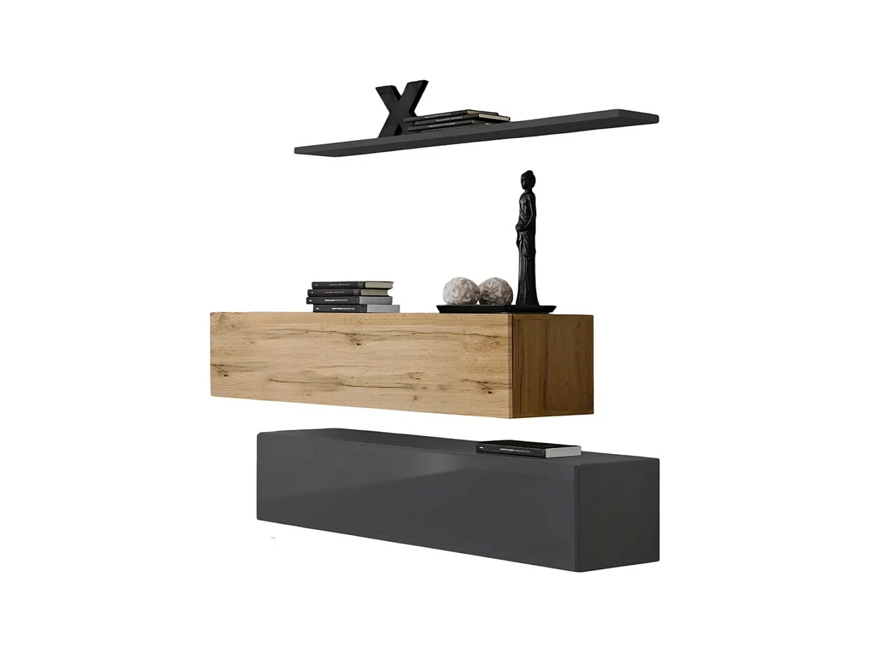 Ensemble meubles de salon SWITCH SBII design, coloris gris brillant et chêne Wotan.