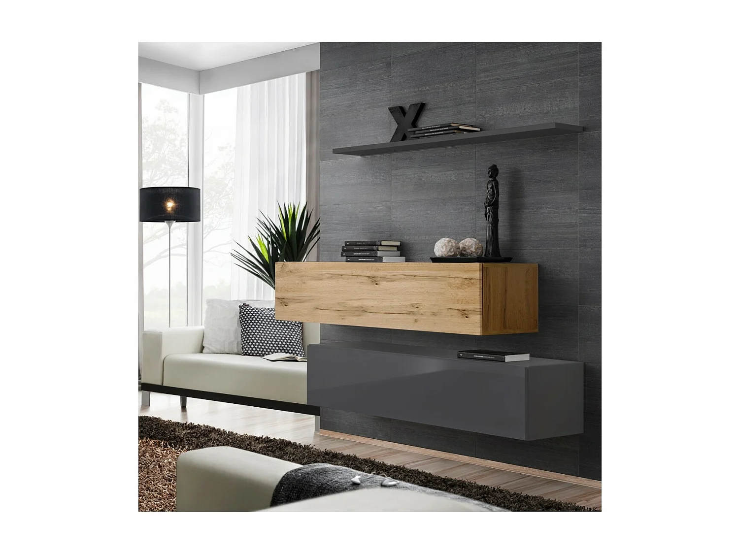 Woonkamermeubelset SWITCH SBII design, in glanzend grijs en Wotan eiken kleur.