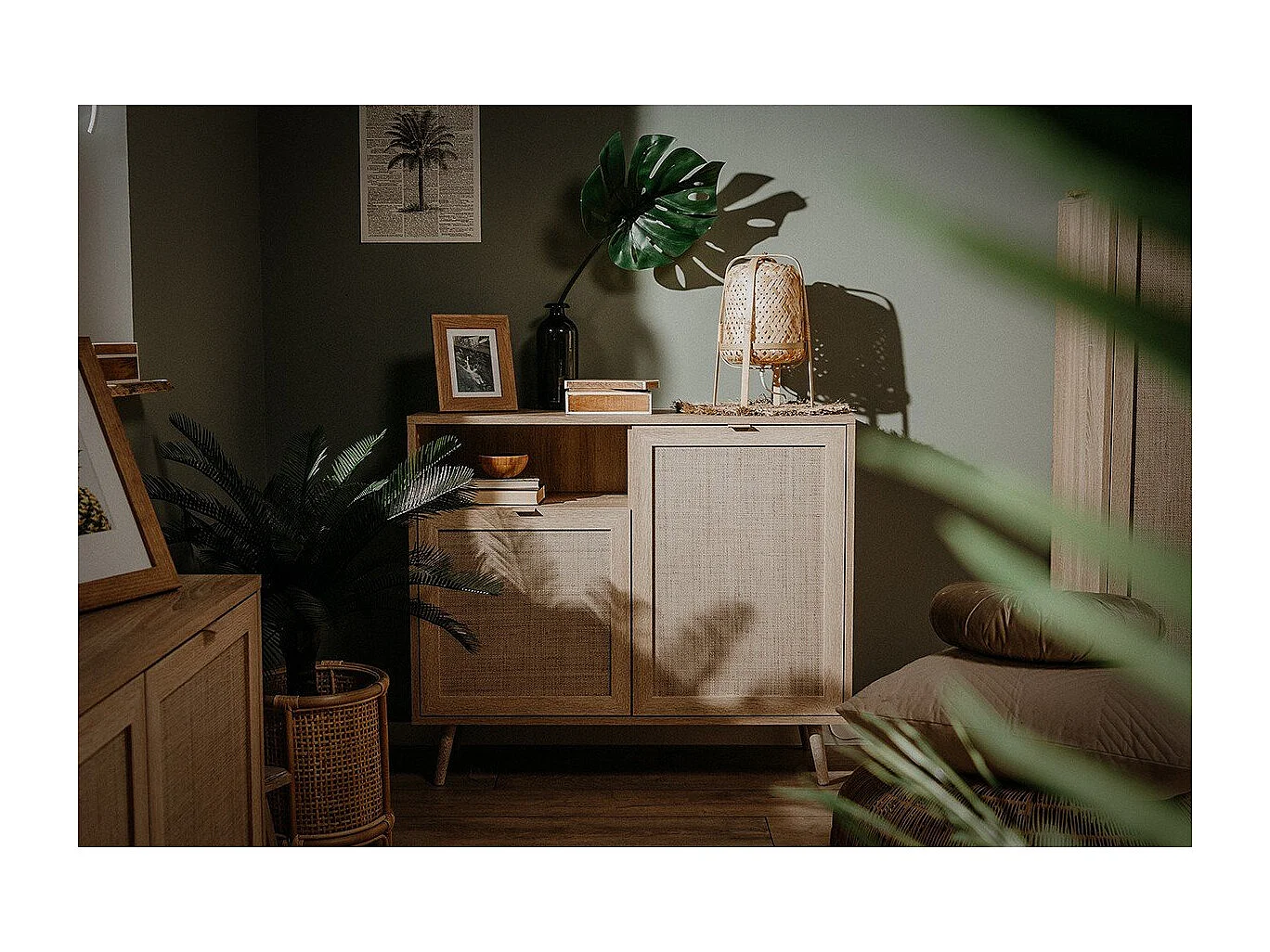 Beistellschrank Bali 01A Sonoma-Eiche und Raffia-Druck