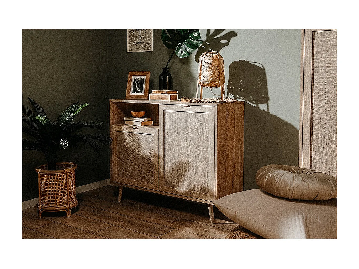 Beistellschrank Bali 01A Sonoma-Eiche und Raffia-Druck