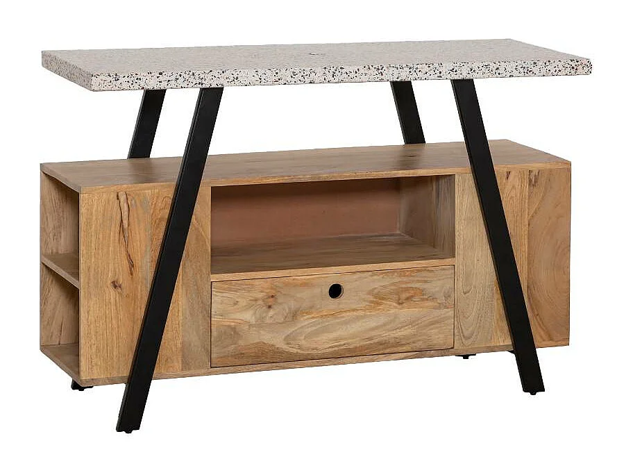 Meuble sous vasque en bois de manguier, métal et terrazzo Sandro