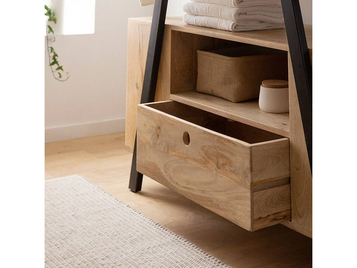 Meuble sous vasque en bois de manguier, métal et terrazzo Sandro