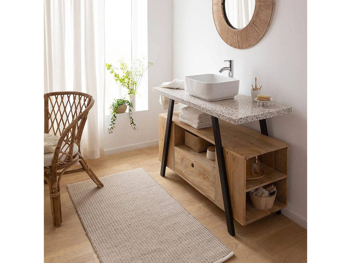 Meuble sous vasque en bois de manguier, métal et terrazzo Sandro