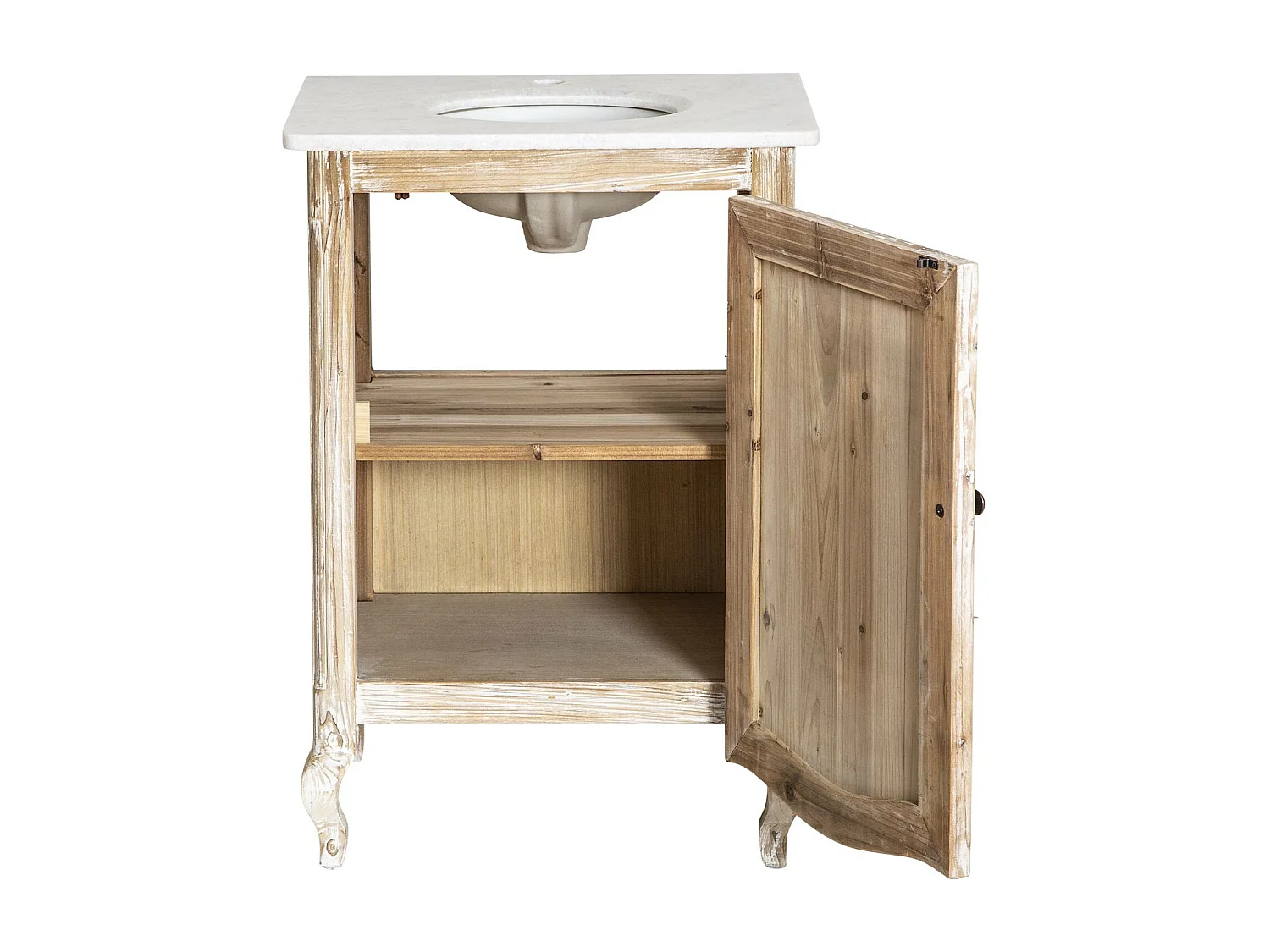 Mueble bajo lavabo de pino reciclado blanqueado y mármol blanco Gemma con almacenamiento