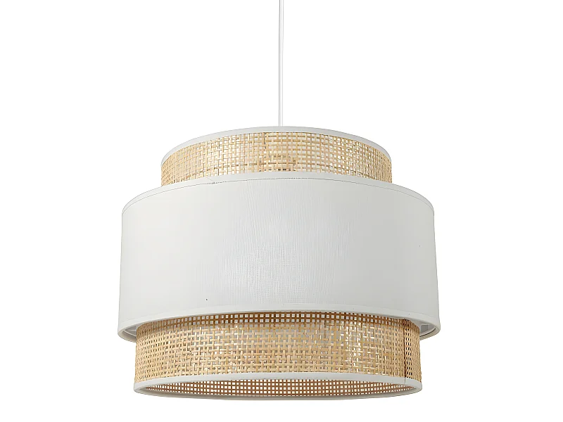 Suspension 3 abat-jours cannage et tissu blanc Ostaria