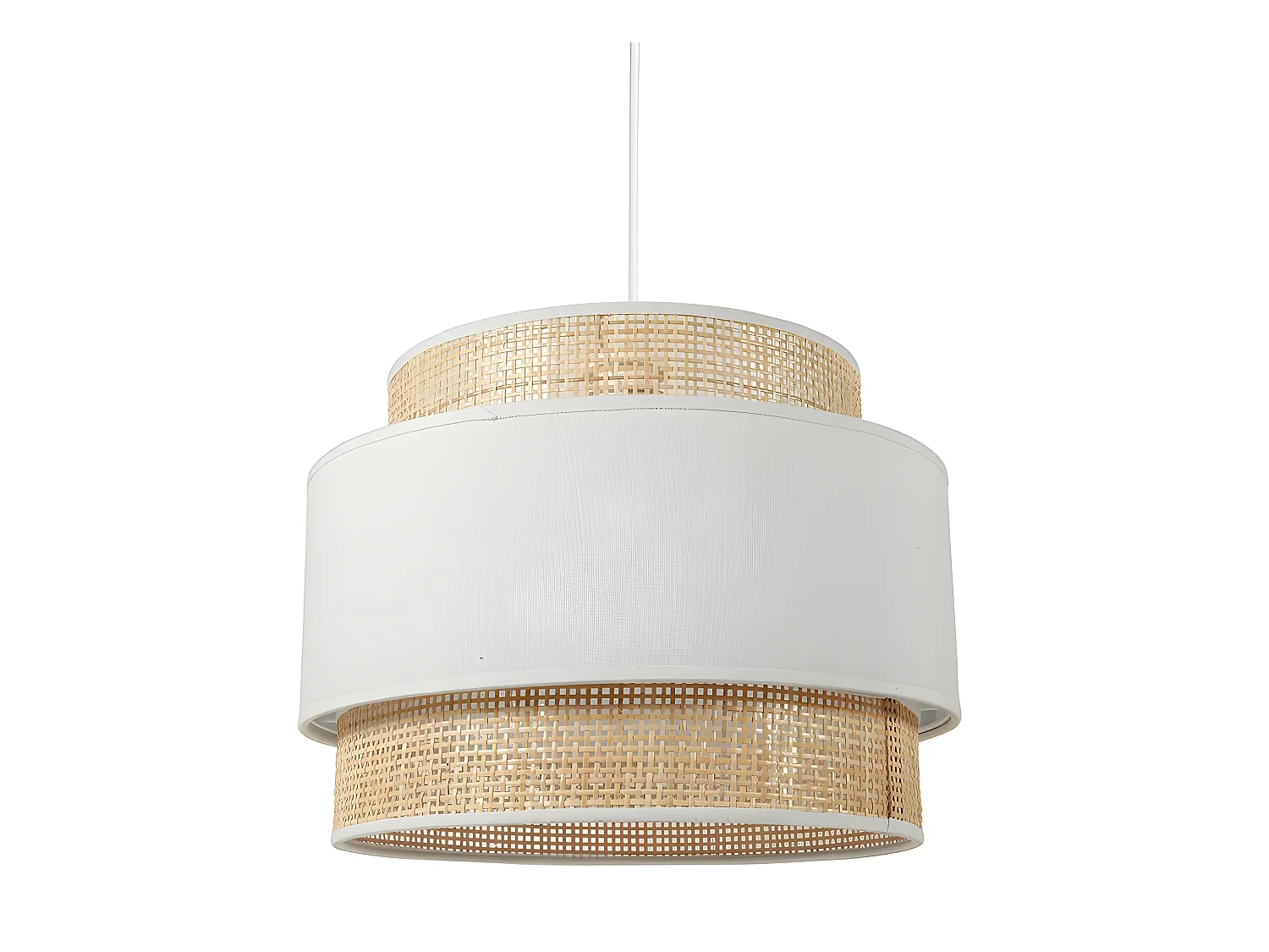 Suspension 3 abat-jours cannage et tissu blanc Ostaria