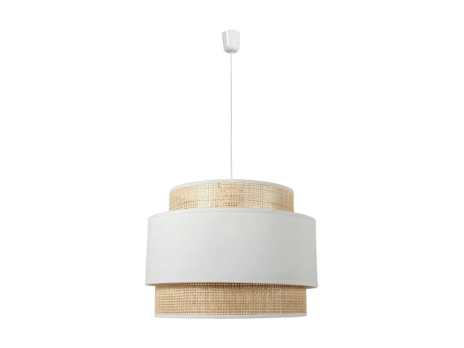 Suspension 3 abat-jours cannage et tissu blanc Ostaria