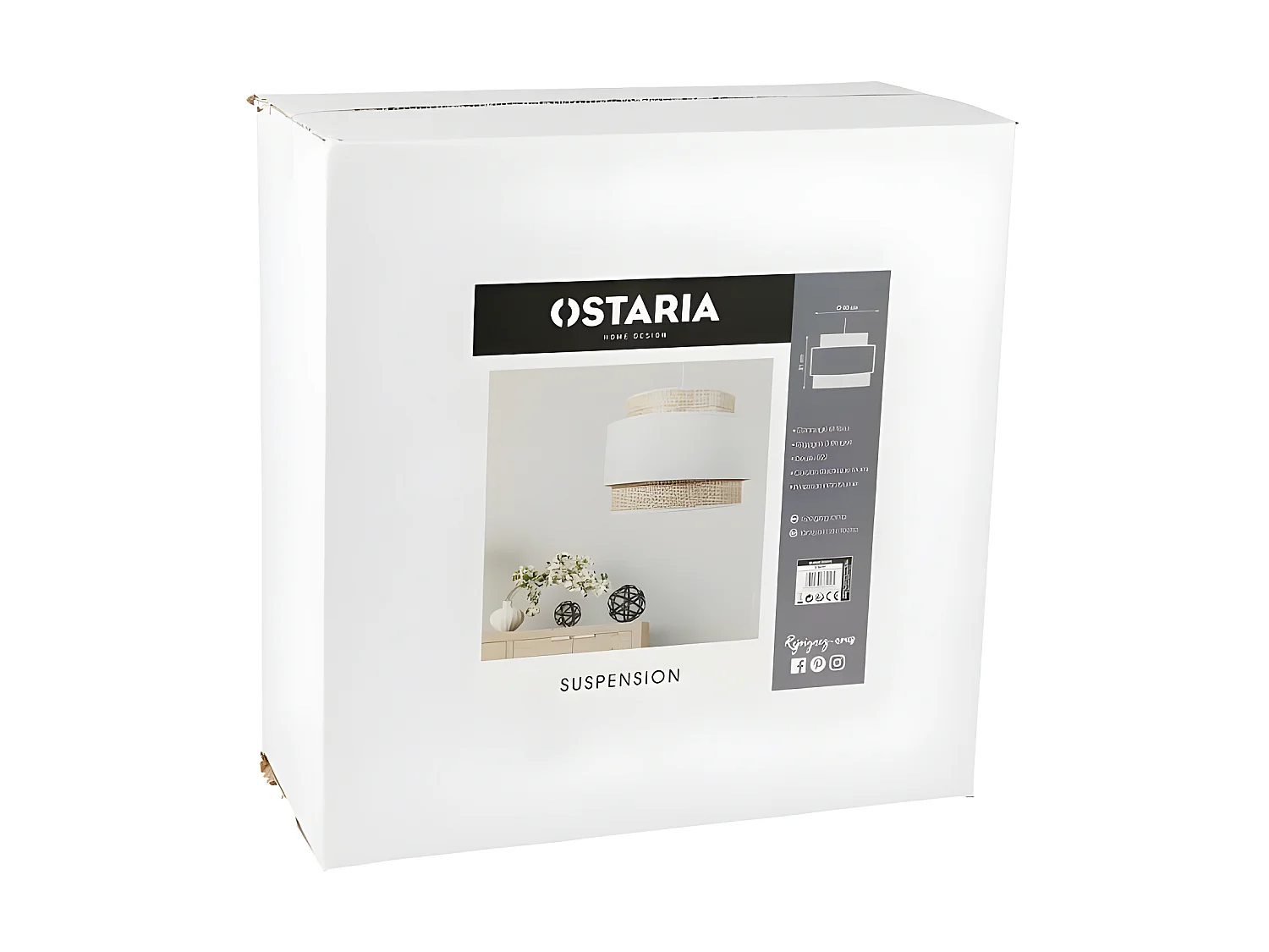 Suspension 3 abat-jours cannage et tissu blanc Ostaria