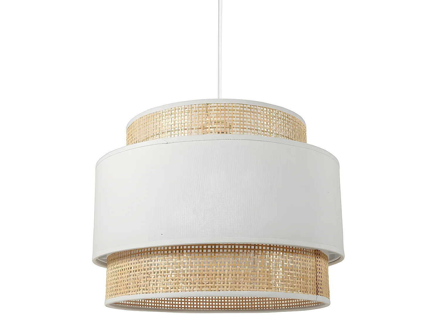 Suspension 3 abat-jours cannage et tissu blanc Ostaria