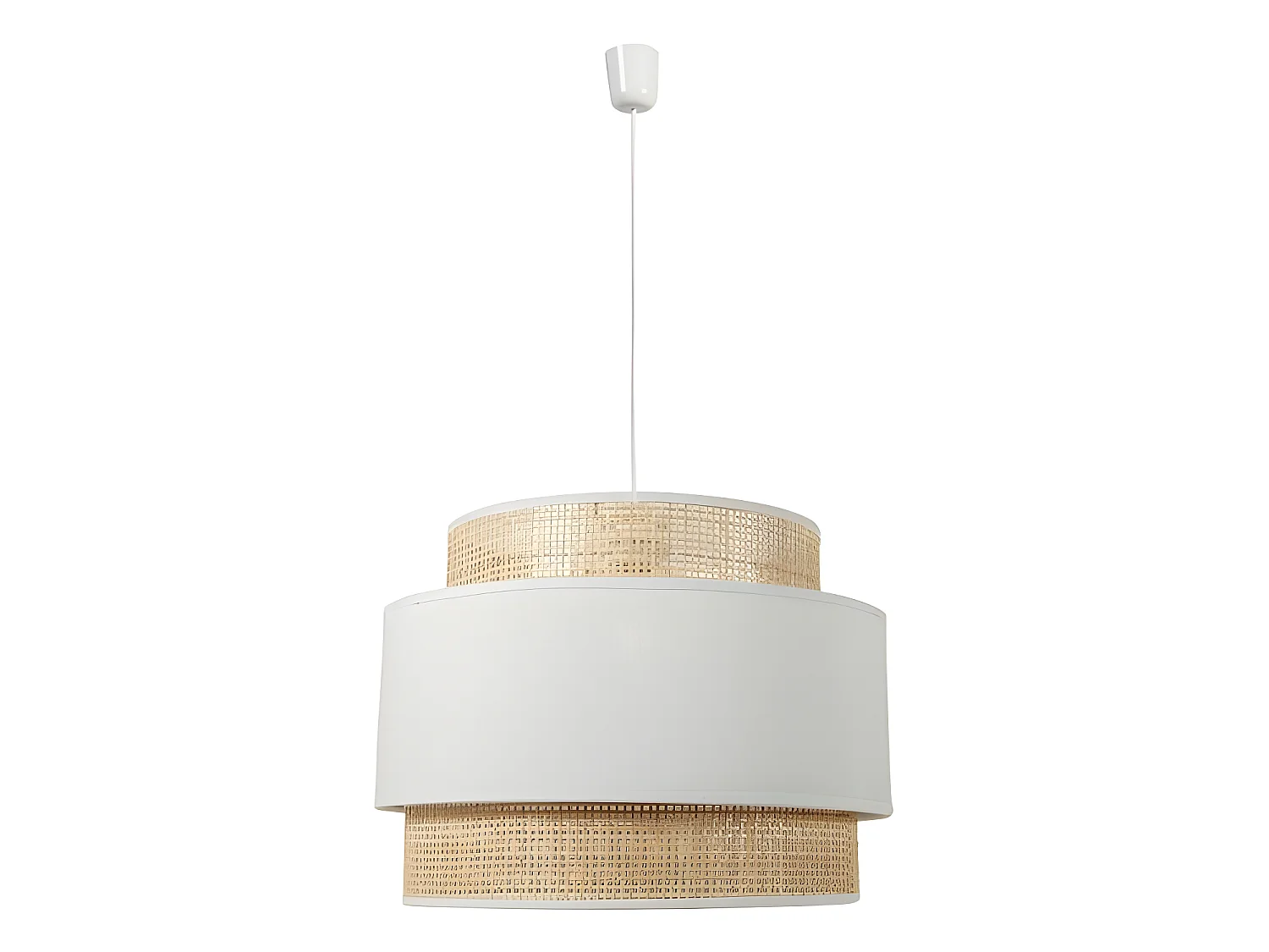 Suspension 3 abat-jours cannage et tissu blanc Ostaria