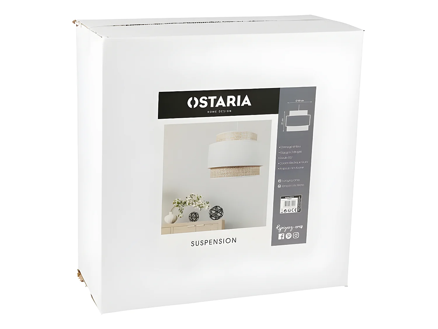 Suspension 3 abat-jours cannage et tissu blanc Ostaria