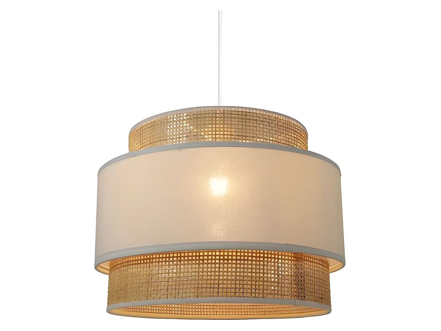 Suspension 3 abat-jours cannage et tissu blanc Ostaria