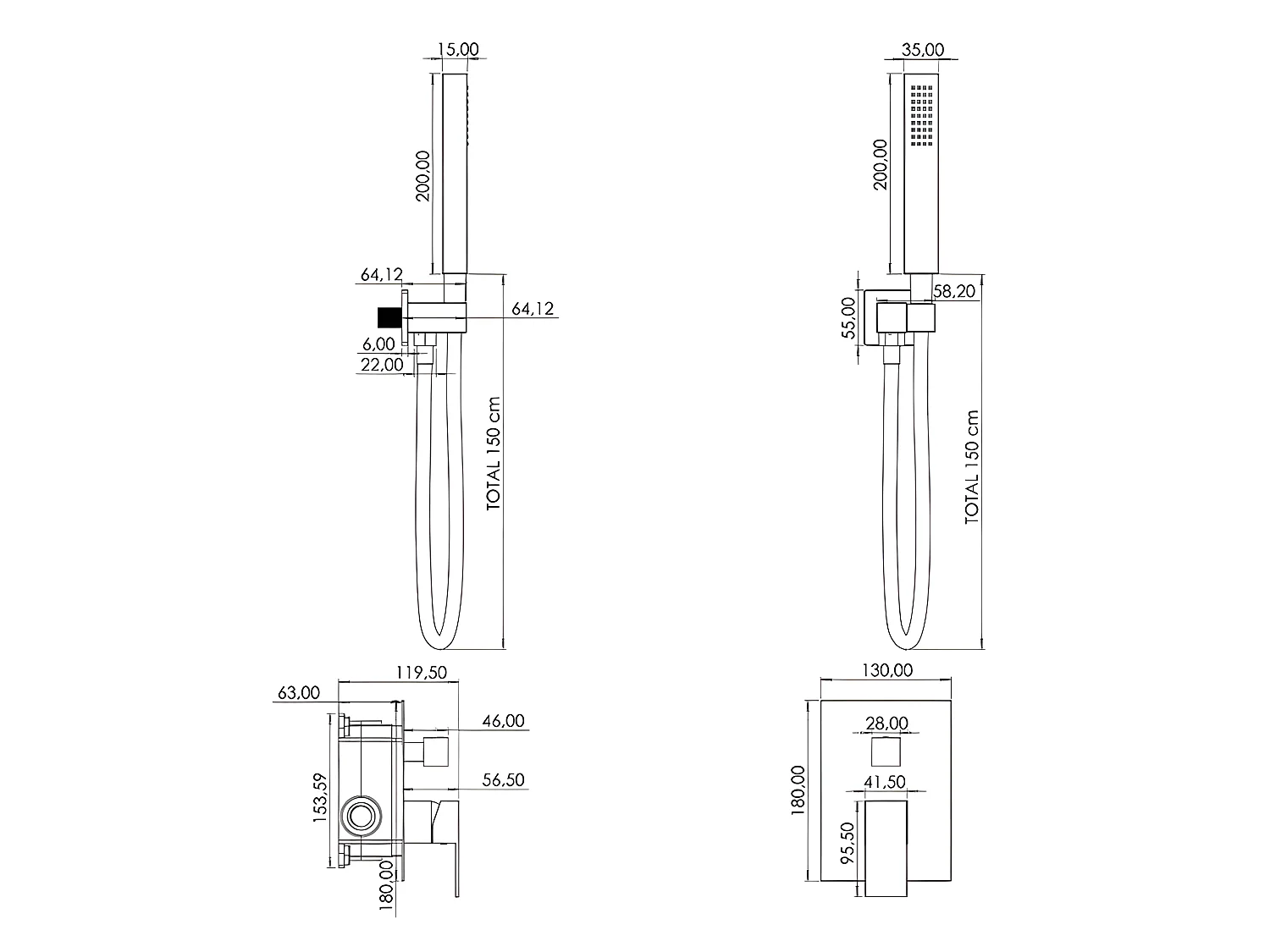 Conjunto de ducha empotrada a ras de techo ACTON negro mate