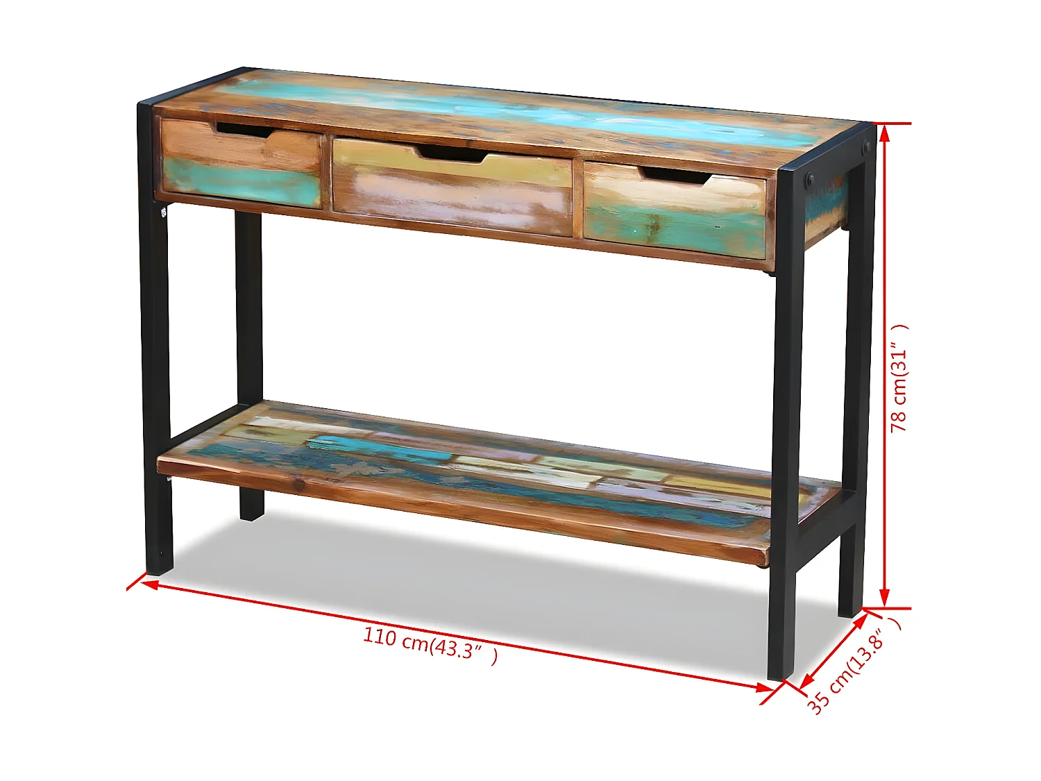 Aparador mesa consola armario auxiliar con 3 cajones de madera maciza reciclada 4402007