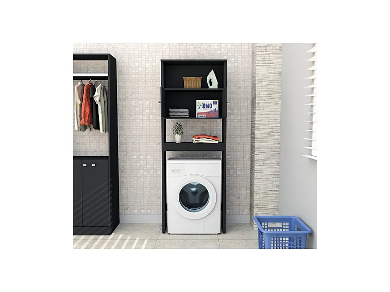 Armoire de Buanderie Lave-Linge 2 Portes Noir 3 Niches L 75 H 175 P 22 cm