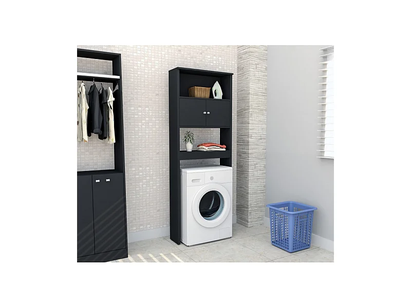 Armoire de Buanderie Lave-Linge 2 Portes Noir 3 Niches L 75 H 175 P 22 cm