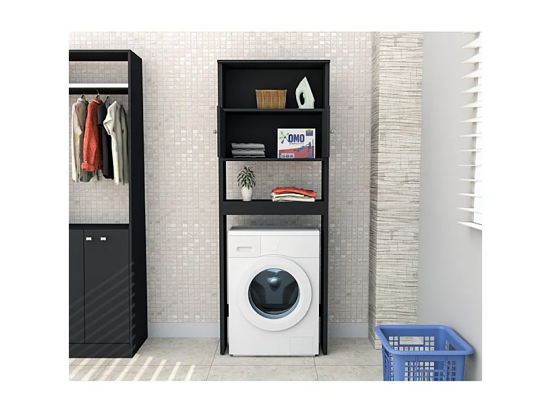 Armoire de Buanderie Lave-Linge 2 Portes Noir 3 Niches L 75 H 175 P 22 cm