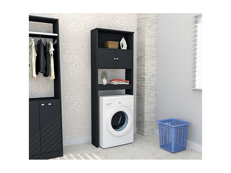 Armoire de Buanderie Lave-Linge 2 Portes Noir 3 Niches L 75 H 175 P 22 cm