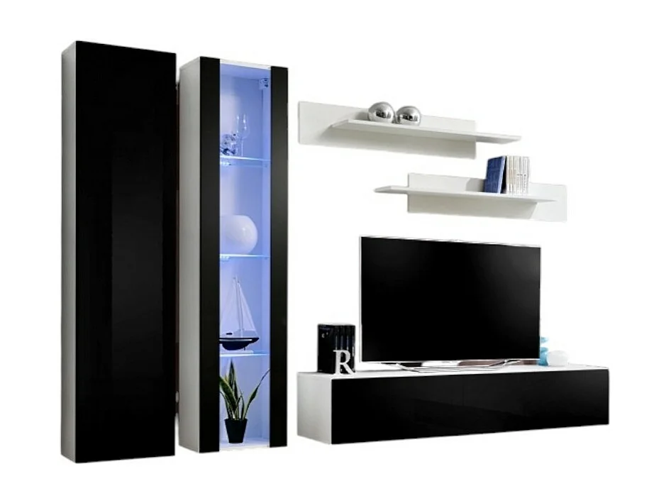 TV-meubel FLY A4 design, in glanzend wit en zwart + LED. Modern en trendy zwevend meubel voor uw woonkamer.