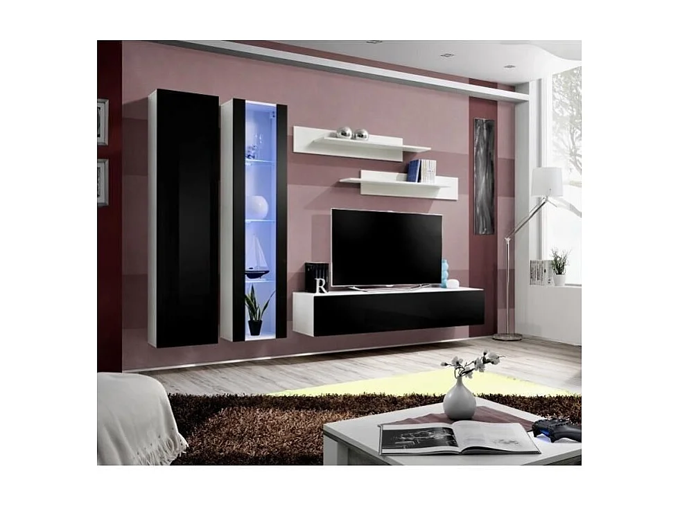 TV-meubel FLY A4 design, in glanzend wit en zwart + LED. Modern en trendy zwevend meubel voor uw woonkamer.