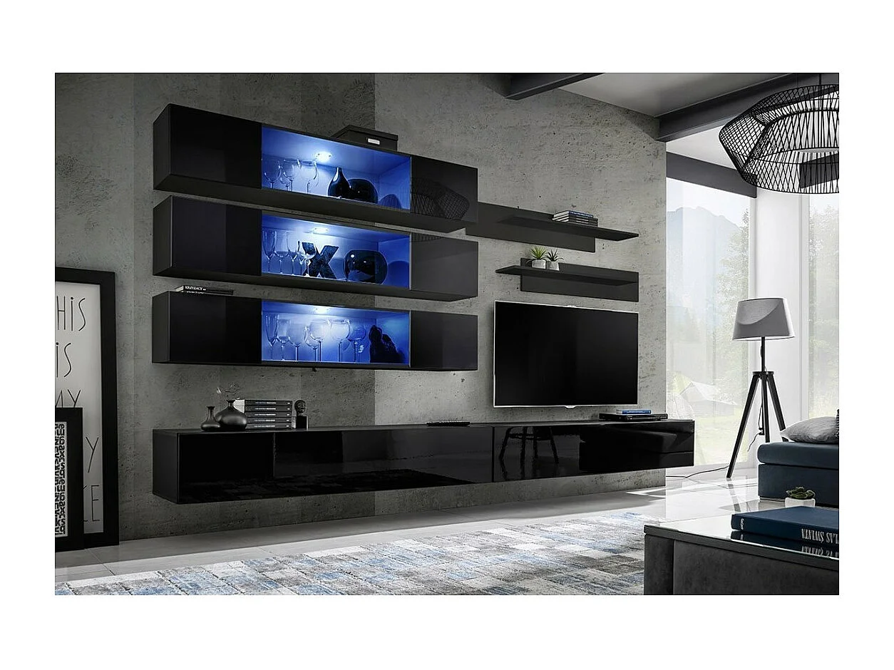 Ensemble de meubles suspendus avec LEDS collection FLY J3. Coloris noir.