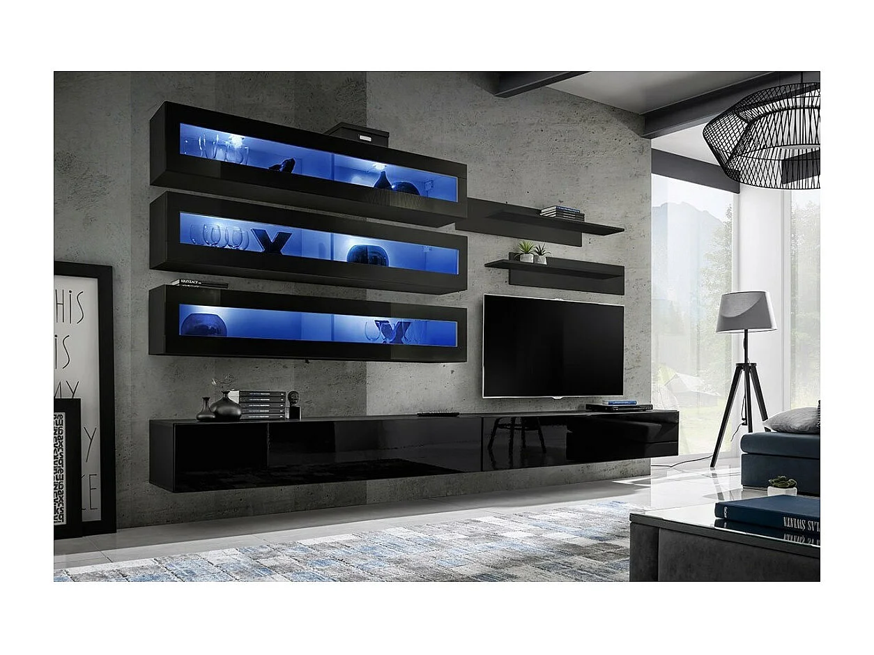 Ensemble de meubles suspendus avec LEDS collection FLY J2. Coloris noir.
