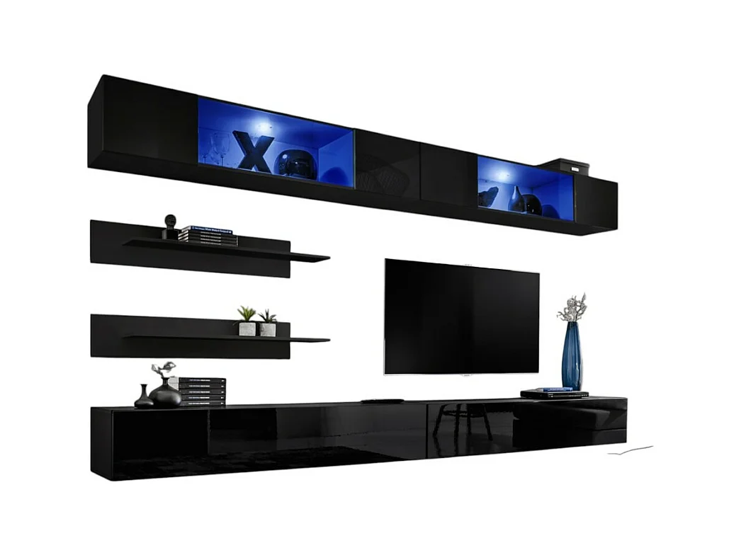 Conjunto de muebles colgantes con LEDS de color negro. Colección FLY.
