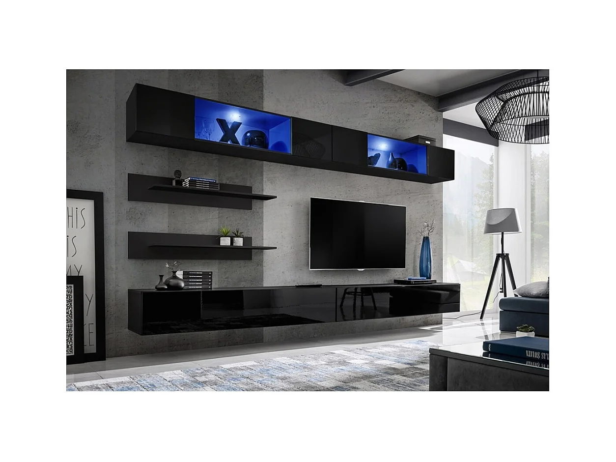 Conjunto de muebles colgantes con LEDS de color negro. Colección FLY.