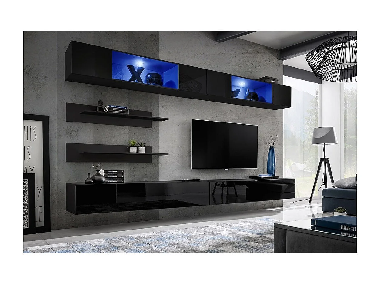 Ensemble de meubles suspendus avec LEDS coloris noir. Collection FLY